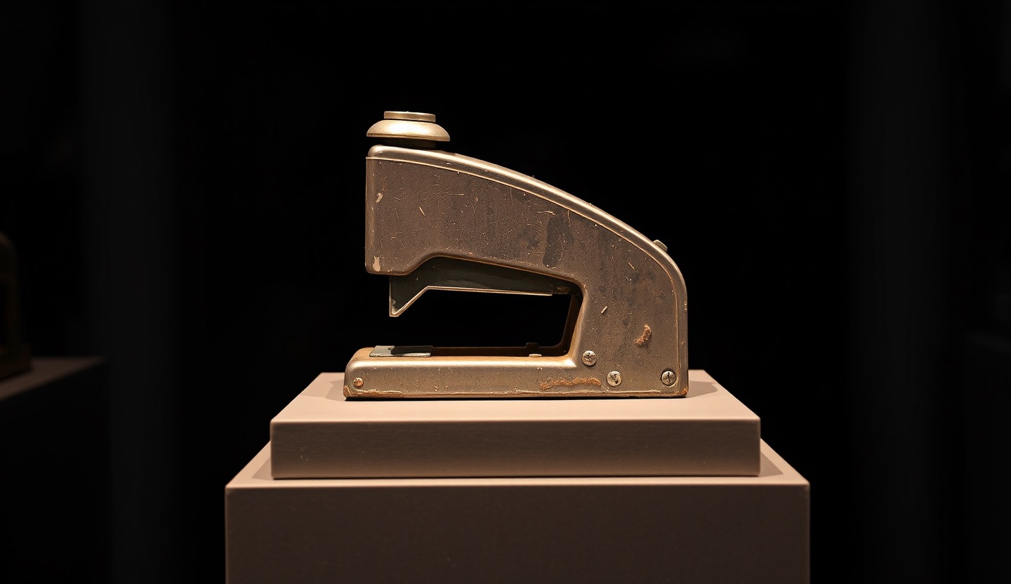 A battered vintage stapler displayed on a pedestal under a museum spotlight, against a dark background