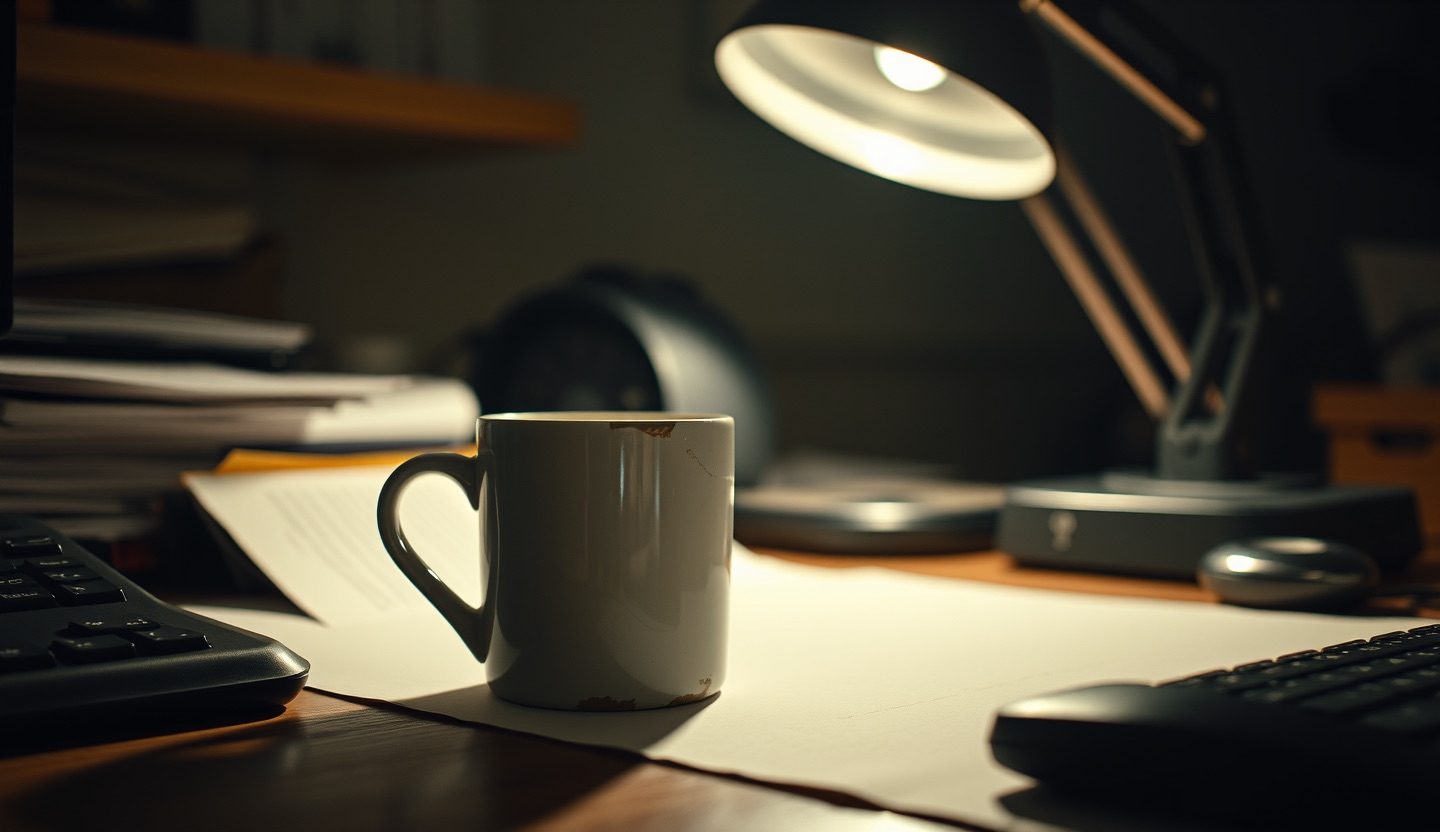 A chipped white office coffee mug on a desk at night, lit by a single desk lamp